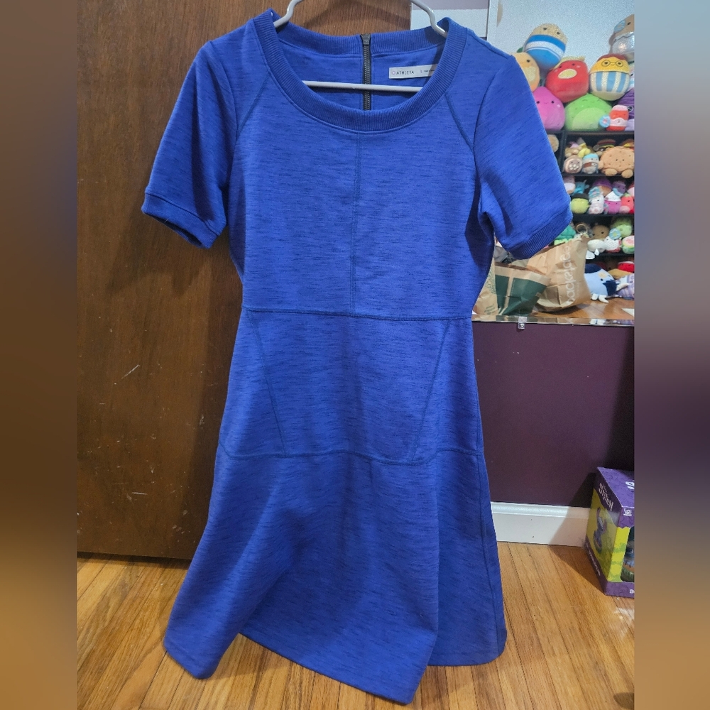 Athleta Blue Midi Dress Short Raglan Sleeve Crew Neck Size Small
